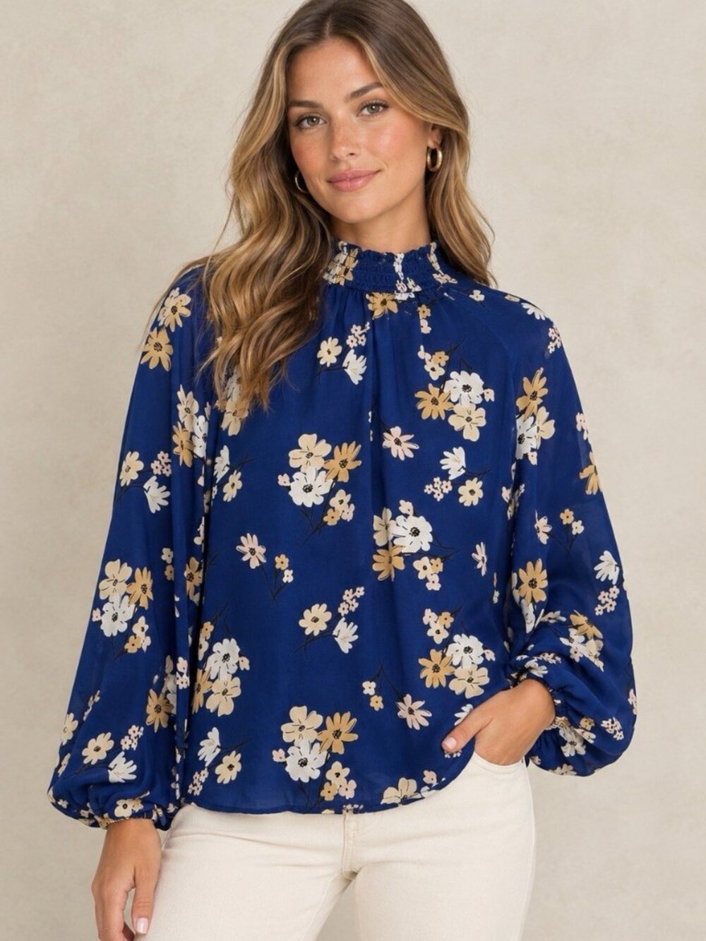 NEW Ann Taylor LOFT Women's MEDIUM Smocked High Neck Blouse Long Sleeve BlueTop